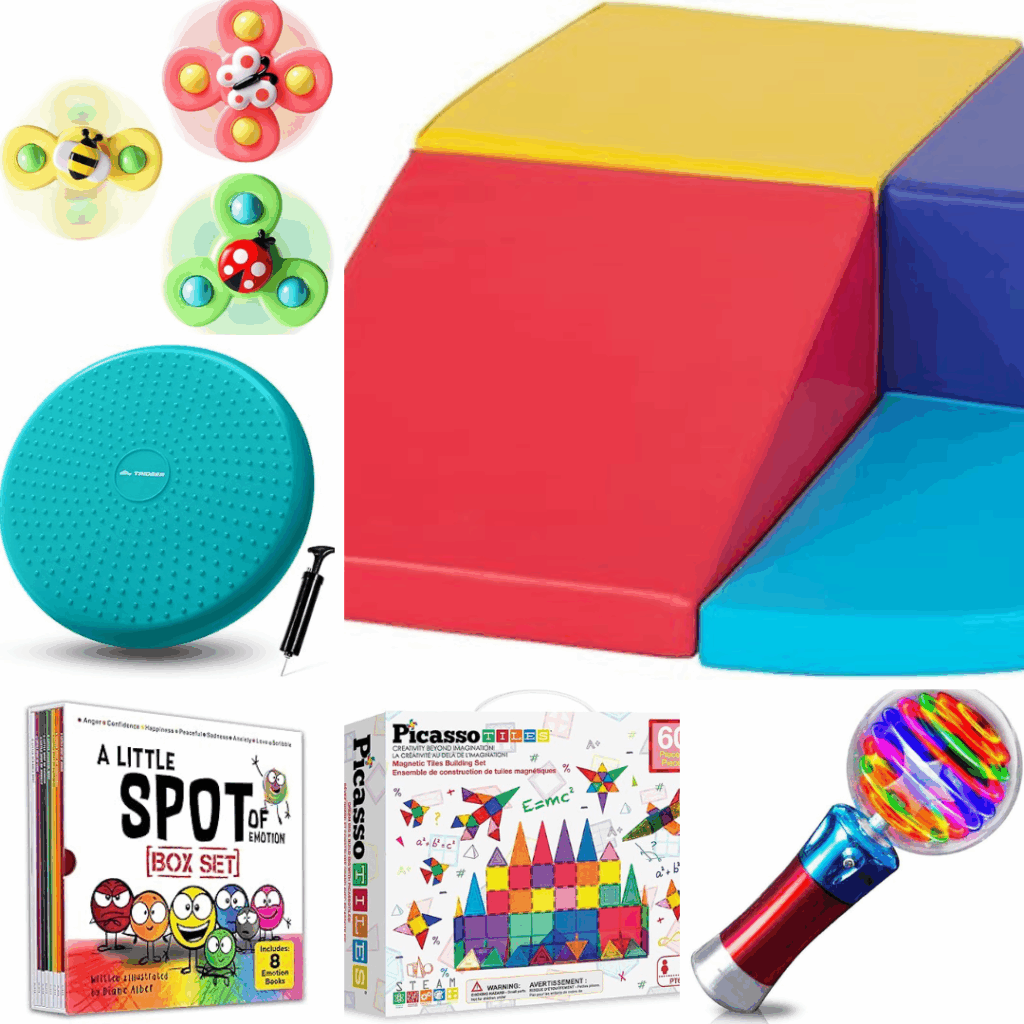 Photo gallery of recommended sensory toys and developmental tools for infants, toddlers, preschoolers, and neurodiverse children, including balance equipment, open-ended toys, and fine-motor activities.
